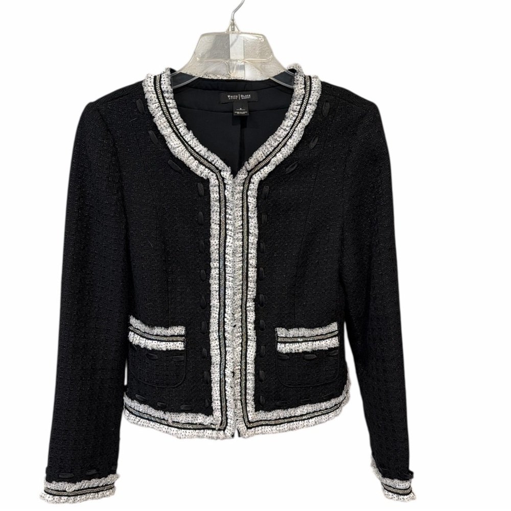 White House Black Market Textured Jacket Polka Dot Ruffle Chain Trim Blazer Sz 6 - Picture 2 of 7